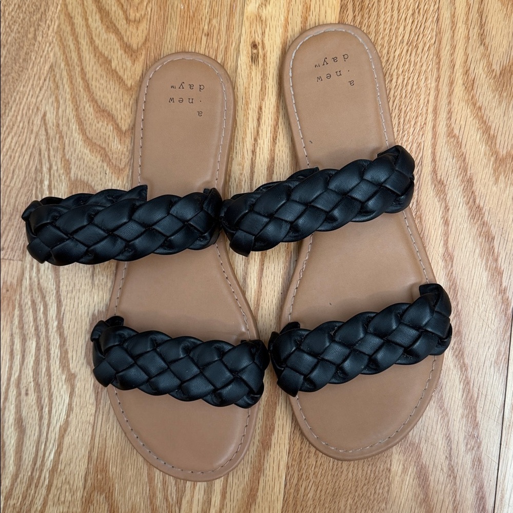 A NEW DAY Black & Tan Double Strap Braided Slip On Sandals Size 6.5